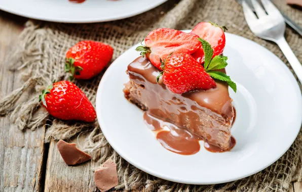 Picture chocolate, strawberry, plate, cake, mint, cream, dessert, a piece of cake, chocolate glaze