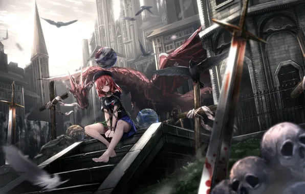 Picture Gothic, crosses, blood, the victim, skull, chain, swords, Touhou Project, red dragon, dark place, black …