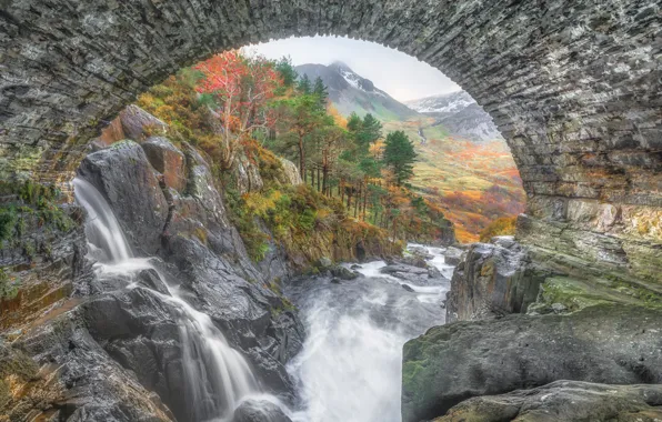 Picture autumn, trees, mountains, bridge, river, stones, rocks, arch, Wales