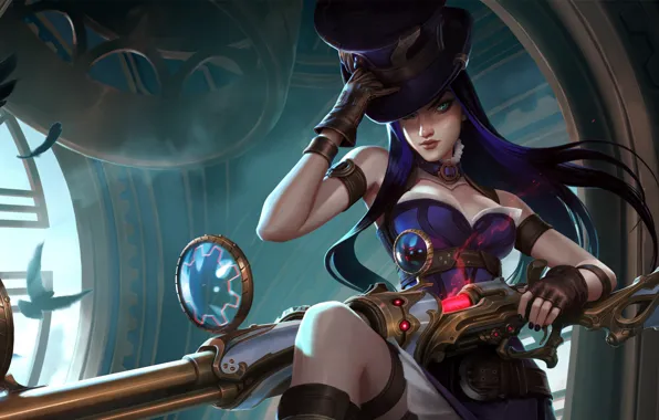Picture girl, fantasy, game, long hair, weapon, hat, blue eyes, League of Legends, digital art, rifle, …