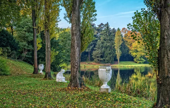 Picture autumn, grass, leaves, trees, pond, Park, Germany, sculpture, Worlitz