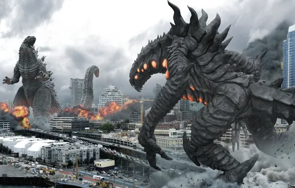 Picture car, city, cinema, fire, flame, monster, cars, chaos, dust, movie, Godzilla, film, spark, bakemono