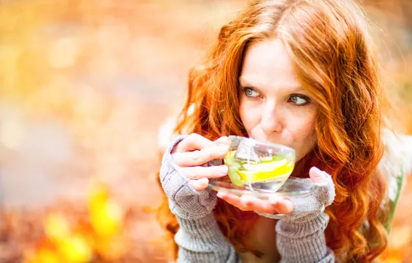 Picture girl, Cup, drink, redhead, bokeh