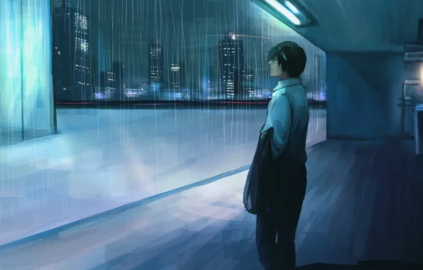 Picture rain, anime, guy