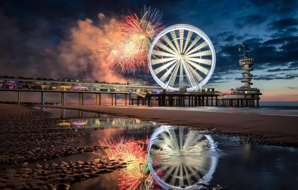 Picture night, lights, holiday, tide, Ferris wheel, fireworks, Netherlands, Scheveningen