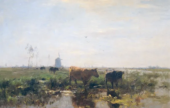 Picture animals, oil, picture, canvas, Willem Maris, Meadow with Cows at Water