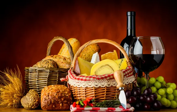 Picture wine, basket, glass, bottle, cheese, spikelets, bread, grapes, knife, pepper