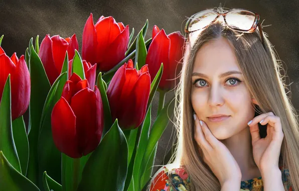 Picture girl, flowers, tenderness, beauty, tulips