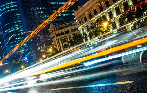 Picture road, the city, markup, excerpt, blur, night, cars, skyscrapers, bokeh, headlights, wallpaper., feel of speed, …