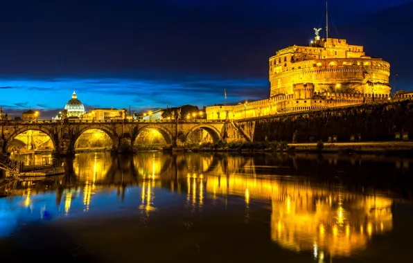 Picture night, lights, reflection, river, Rome, Italy, The Tiber, Ponte Sant'angelo, Castel Sant'angelo