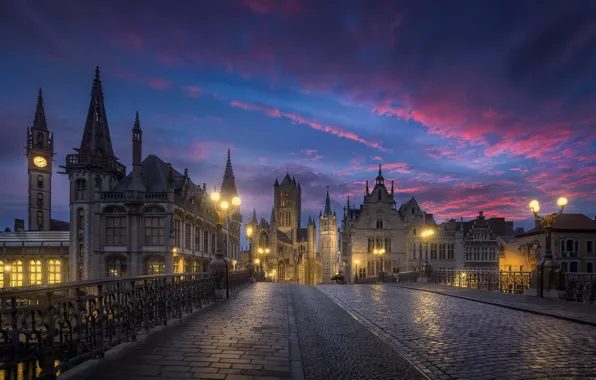 Picture the sky, clouds, the city, morning, Belgium, architecture, bridge, Ghent