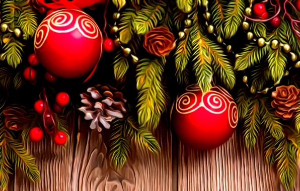 Picture rendering, holiday, figure, New Year, beads, Christmas decorations, spruce branch, red balls