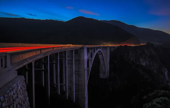 Picture mountains, night, bridge, CA, USA, track, Bixby Creek Bridge