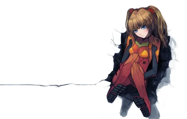 Picture red, blue eyes, Neon Genesis Evangelion, art, Asuka Langley Soryu, crack, two tails, jumpsuit., hole …