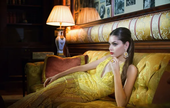 Picture girl, light, decoration, room, sofa, dress, in yellow