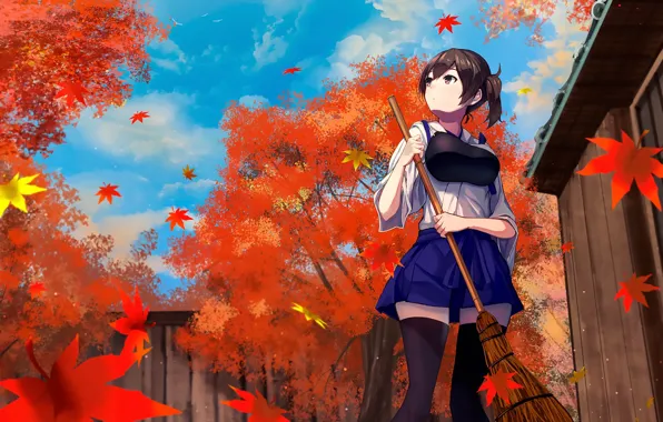 Picture autumn, girl, broom, Kantai Collection