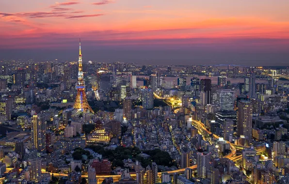 Picture clouds, tower, home, Japan, Tokyo, panorama, glow