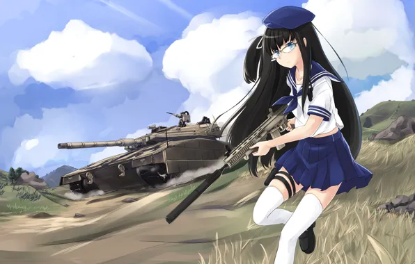 Picture girl, gun, weapon, anime, brunette, rifle, tank, japanese, seifuku
