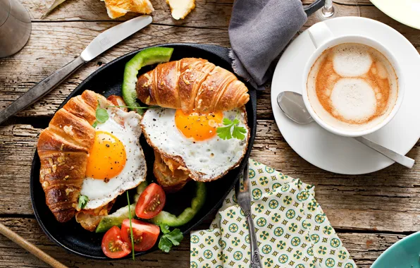 Picture egg, coffee, sandwich, croissant