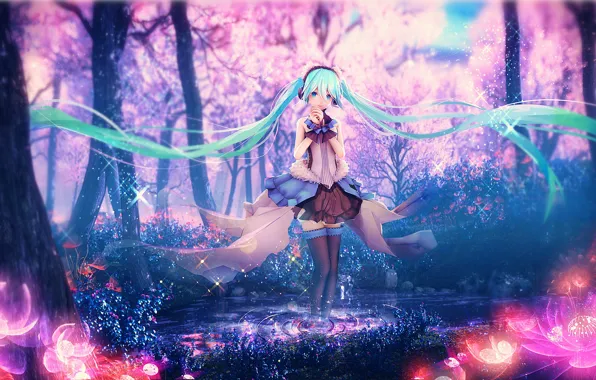 Picture water, girl, trees, flowers, spring, art, Vocaloid Hatsune Miku, by yyb, Hatsune Miku