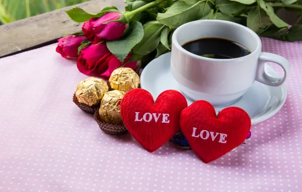 Picture flowers, holiday, coffee, roses, hearts, Valentine's day
