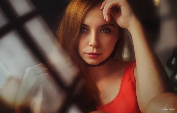 Picture pose, portrait, makeup, hairstyle, beauty, in red, redhead, bokeh, Eduardo Hernandez