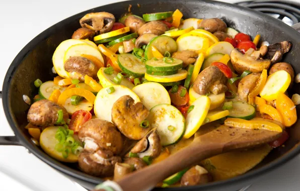 Picture mushrooms, pepper, vegetables, pan, zucchini