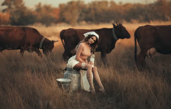 Picture pose, stockings, cows, milk, meadow, Dasha, milkmaid, Valeriya Mytnik