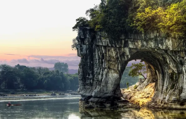 Picture China, rock, sky, trees, landscape, nature, water, clouds, lake, tunnel, boat, fisherman, vegetation, arch