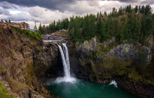 Picture forest, the sky, clouds, trees, clouds, stones, overcast, rocks, waterfall, home, Washington, USA, Snoqualmie Falls
