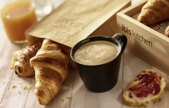 Picture coffee, Breakfast, juice, croissants