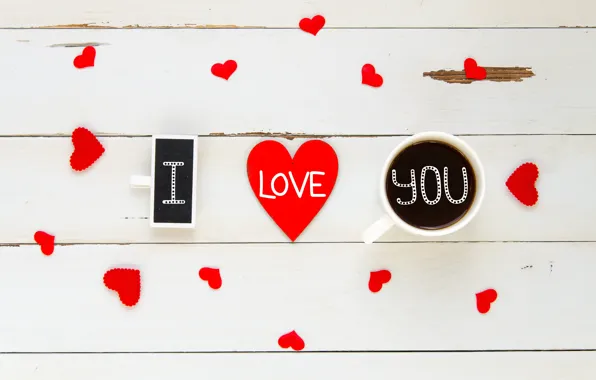Picture love, heart, coffee, Cup, hearts, red, love, I love you, heart, wood, romantic, coffee cup