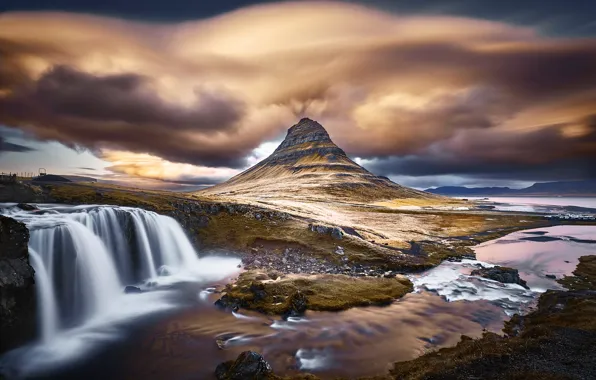Picture clouds, nature, mountain, waterfall, Iceland, Kirkjufell