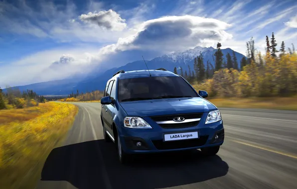 Picture road, forest, clouds, blue, speed, Lada Largus