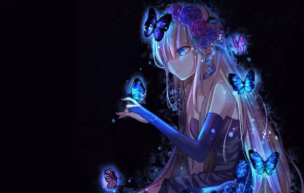 Picture girl, butterfly, darkness, anime, art