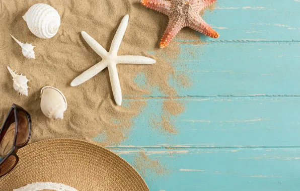 Picture sand, beach, summer, stay, star, hat, shell, summer, beach, sand, starfish, seashells