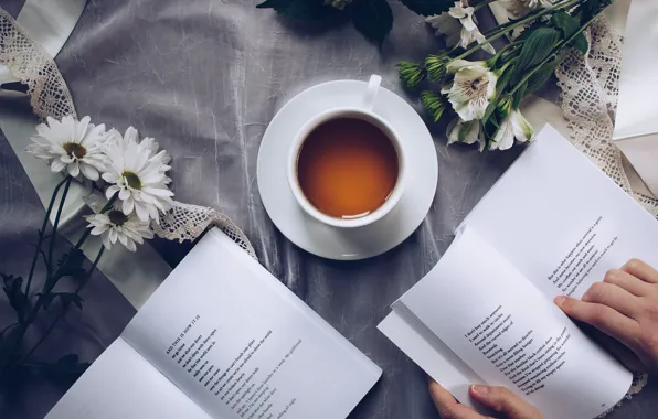 Picture flowers, book, reading, Tea