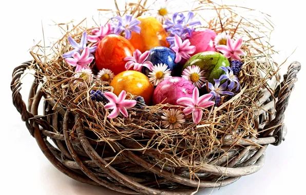 Picture flowers, holiday, spring, Easter, basket, straws, the painted eggs, Easter picture