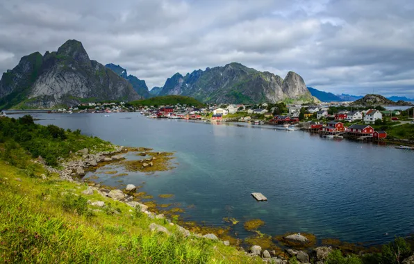 Picture sea, mountains, coast, Bay, Norway, Bay, houses, The Lofoten Islands, Pure, Lofoten