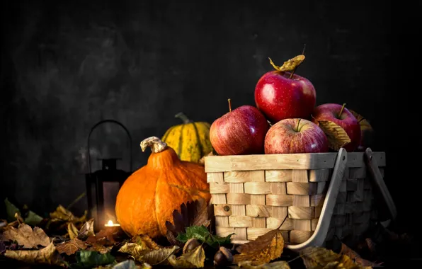 Picture autumn, leaves, basket, pumpkin, still life, aloki