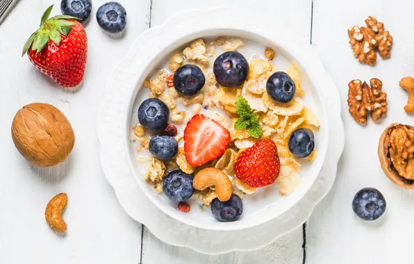 Picture food, Breakfast, blueberries, strawberry, muesli, yogurt, walnuts