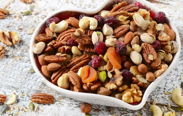 Picture heart, nuts, raisins, dried fruits