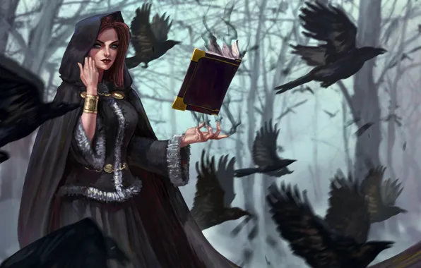 Picture forest, trees, birds, magic, fantasy, art, hood, crows, book, witch