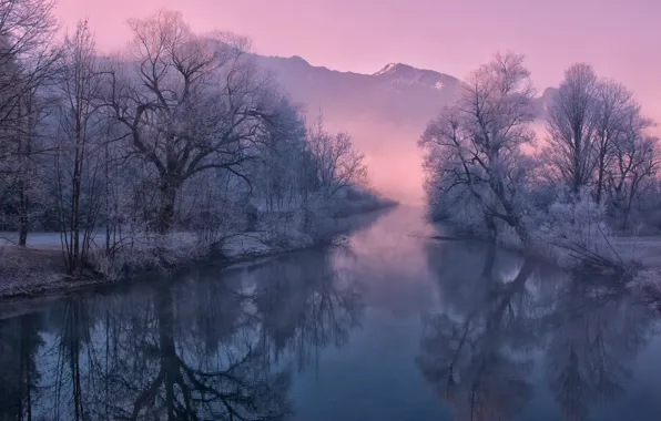 Picture winter, frost, mountains, nature, fog, river, morning, Germany, Bayern