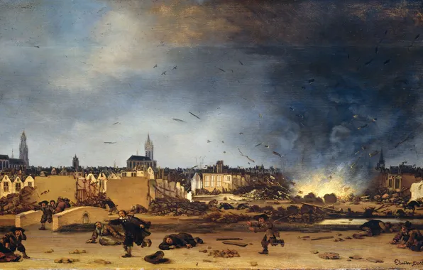 Picture tree, oil, picture, Livens Egbert van der Pool, The explosion of the Powder Tower in …