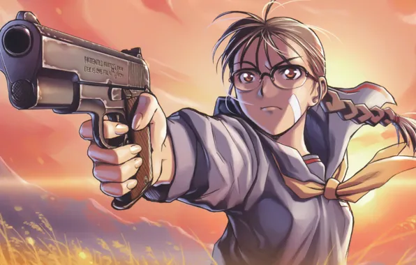 Picture gun, trunk, schoolgirl, glasses, killer, stand, the patch, determination, cool, a bloody mist, the barrel …