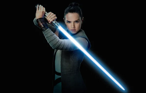 Picture pose, weapons, fiction, sword, black background, poster, Daisy Ridley, Daisy Ridley, the lightsaber, Star Wars: …