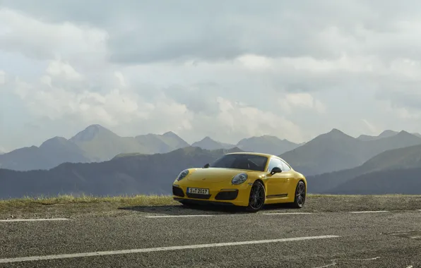 Picture road, the sky, asphalt, clouds, mountains, yellow, markup, Porsche, 2018, 911 Carrera T, 370 HP