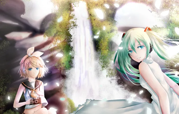 Picture nature, style, background, anime, petals, art, Vocaloid, Vocaloid, characters