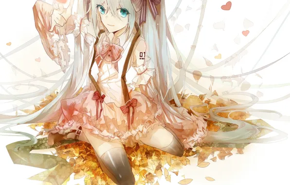 Picture leaves, dress, blue eyes, vocaloid, bow, Hatsune Miku, long hair, Vocaloid, ruffles, sitting on my …